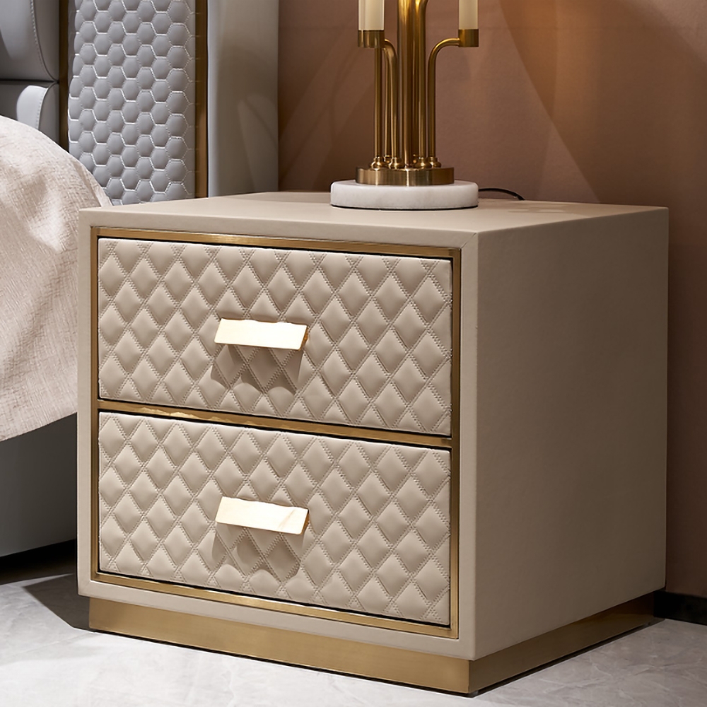 Modern Stylish White Nightstand PU Leather Upholstered Bedside Table with 2 Drawers