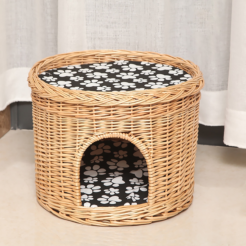 16.5" Handmade Wicker Cat Bed 1-tier Cat House Beige With Cotton Pad