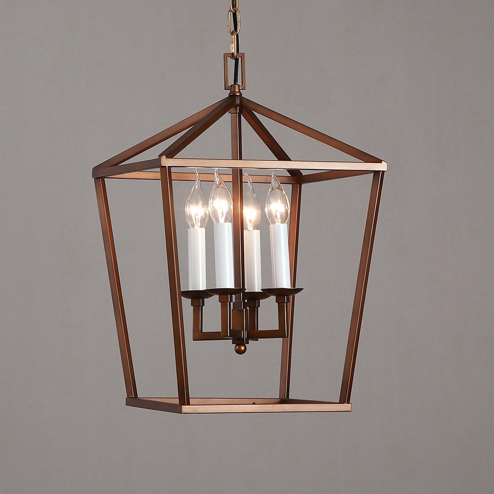 

Vintage Geometric Cage Frame 4 Candle Light Kitchen Foyer Suspended Pendant Light in Rust