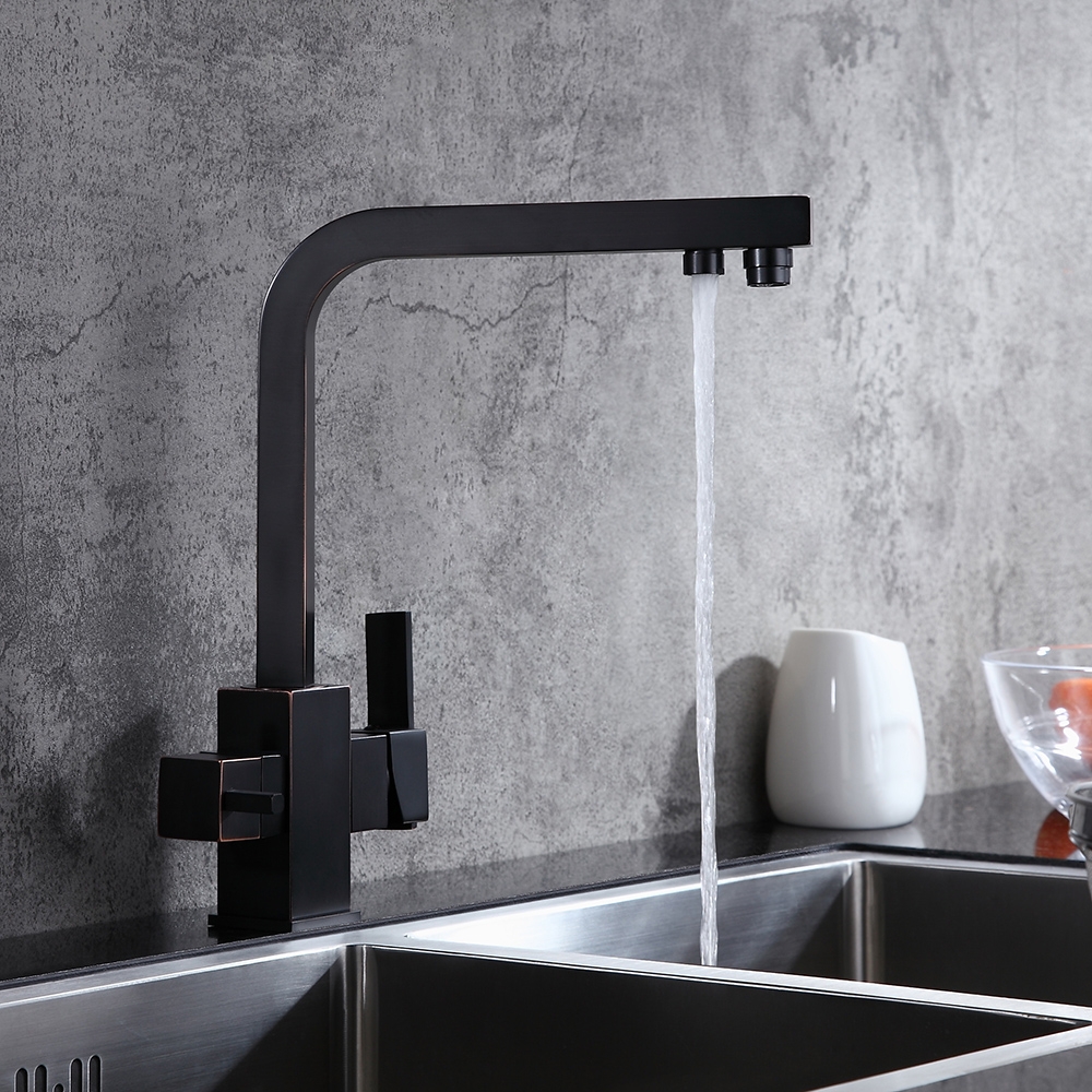Monobloc 2-Handle Square Kitchen Tap with Water Filter Swivel Spout Solid Brass