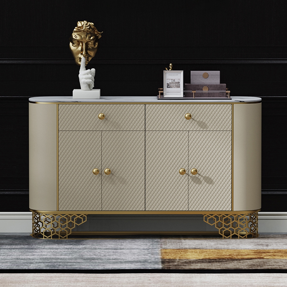 

Sideboard Cabinet Faux Marble Faux Leather Upholstery with Storage Drawers&Doors