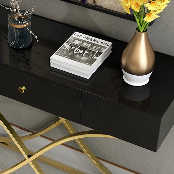 Black Console Table with Drawer Entryway Table Contemporary for Hallway X Gold Base