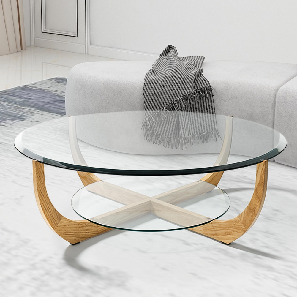 Round 2-Tiered Coffee Table with Shelf Storage Tempered Glass Top