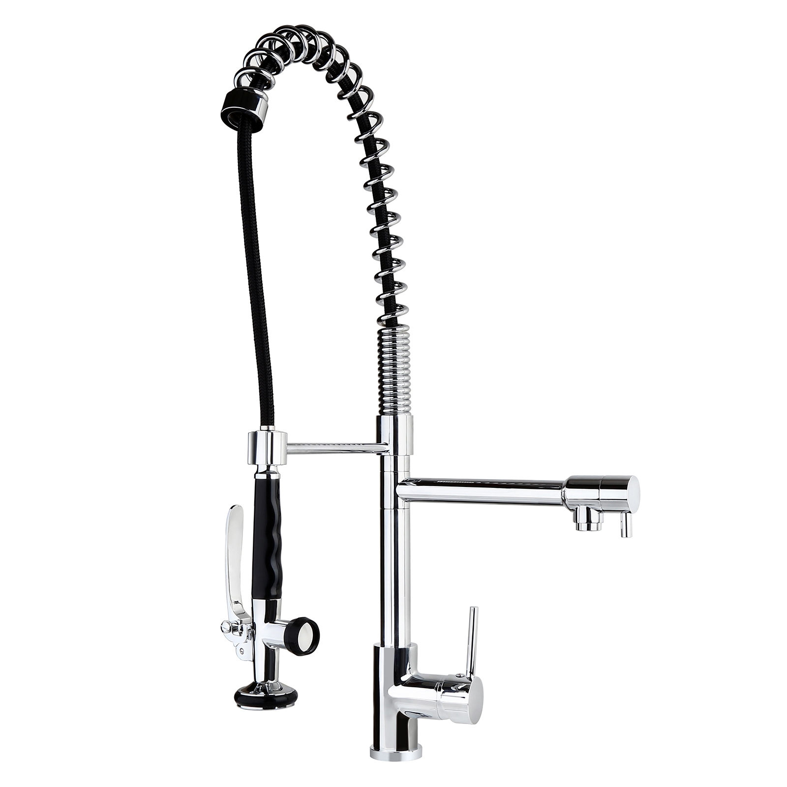 Commercial Pull Down Pre-rinse Spring Sprayer Polished Chrome Kitchen Sink Faucet with Deck Plate Solid Brass