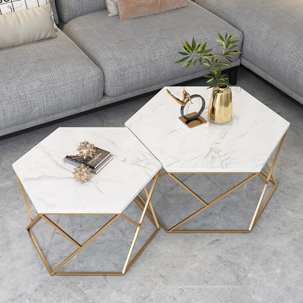 White Hexagon Coffee Table Set with Marble Top Metal Frame 2Piece