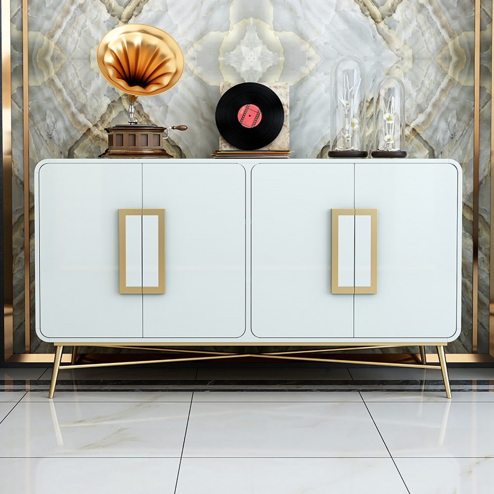 

55" Modern White Sideboard Buffet with 4 Doors 4 Shelves in Gold