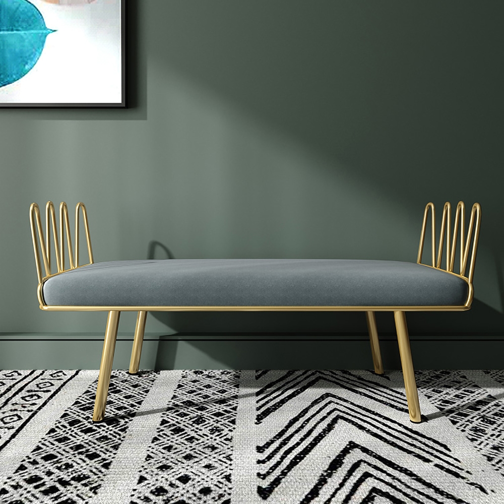 Light Gray Entryway Bench Modern Upholstered Velvet Bench Metal in Gold