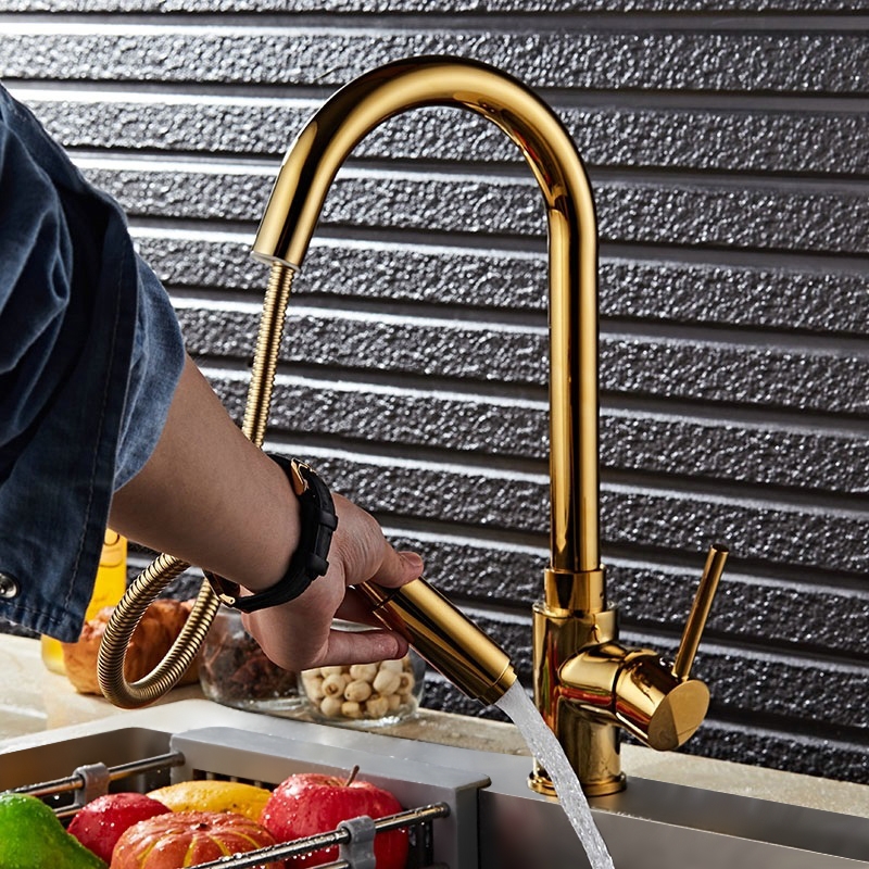 Luxurious High-Arc Single Handle 1-Hole Solid Brass Pull-out Spray Kitchen Faucet