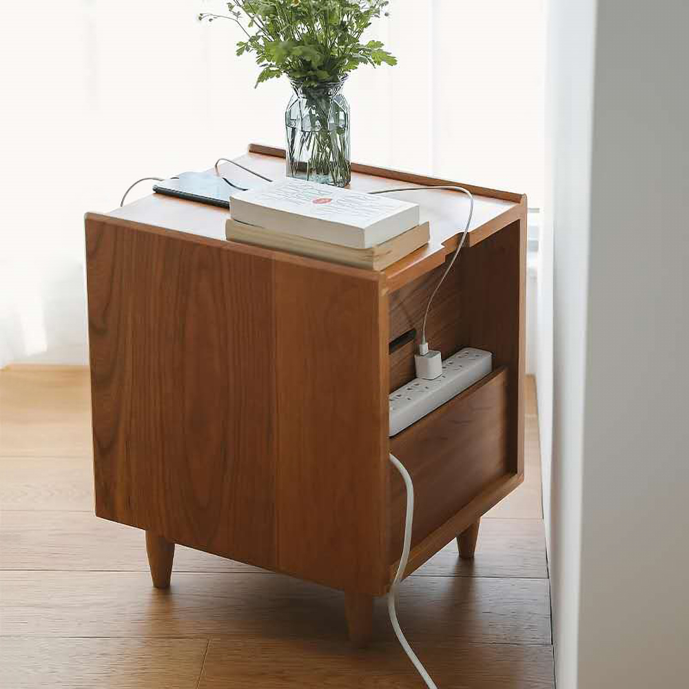 Rustic Rattan Bedside Table with Storage Solid Wood Bedside Table in Walnut