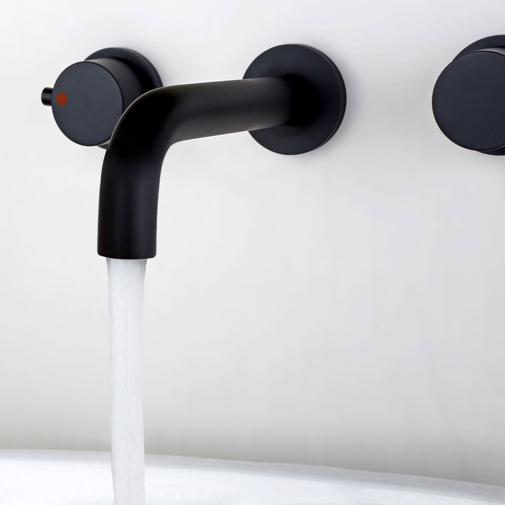 Stev Modern Matte Black Wall-Mount Bathroom Basin Mixer Tap with Double Round Handles