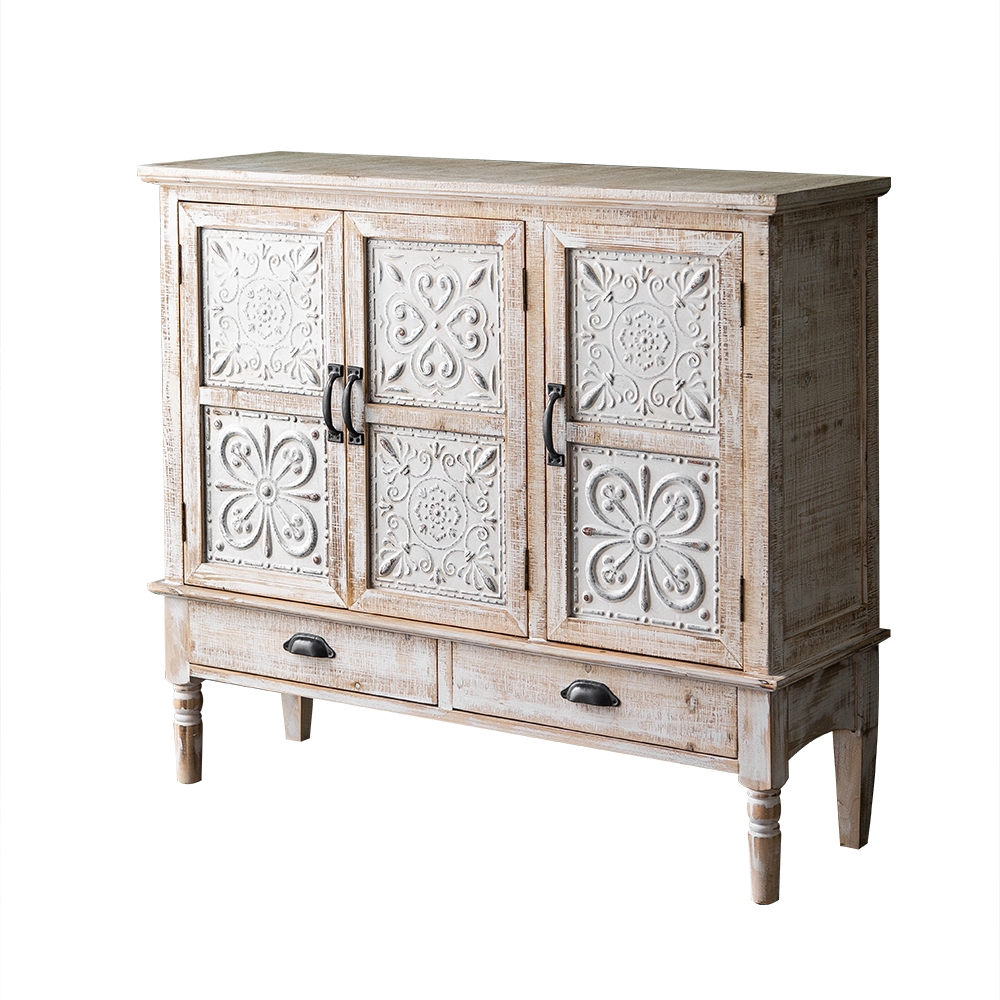 Farmhouse Distressed White Cabinet Artistic Surface with 2 Doors 2 Drawers 2 Shelves