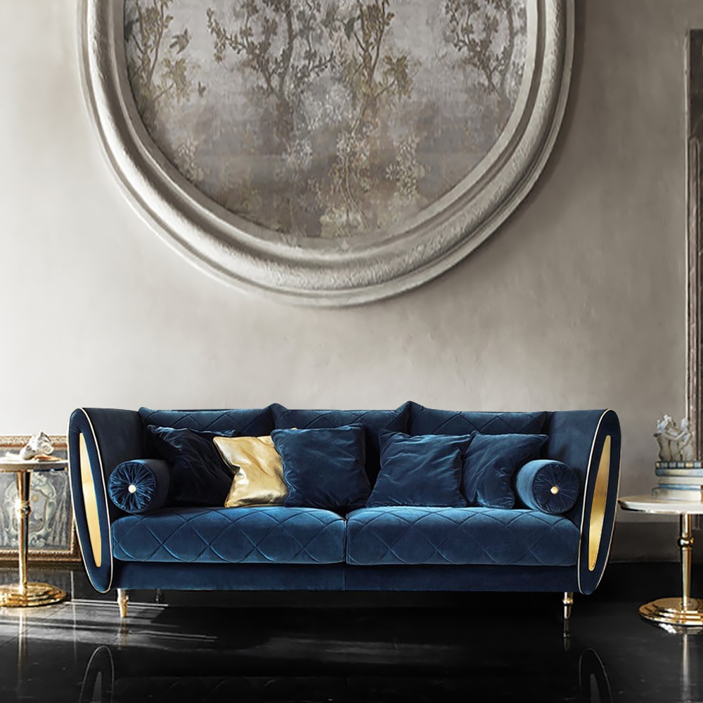 Luxury Blue Sofa Modern Velvet Upholstered Sofa 3-seater Sofa In Gold Wood Finish
