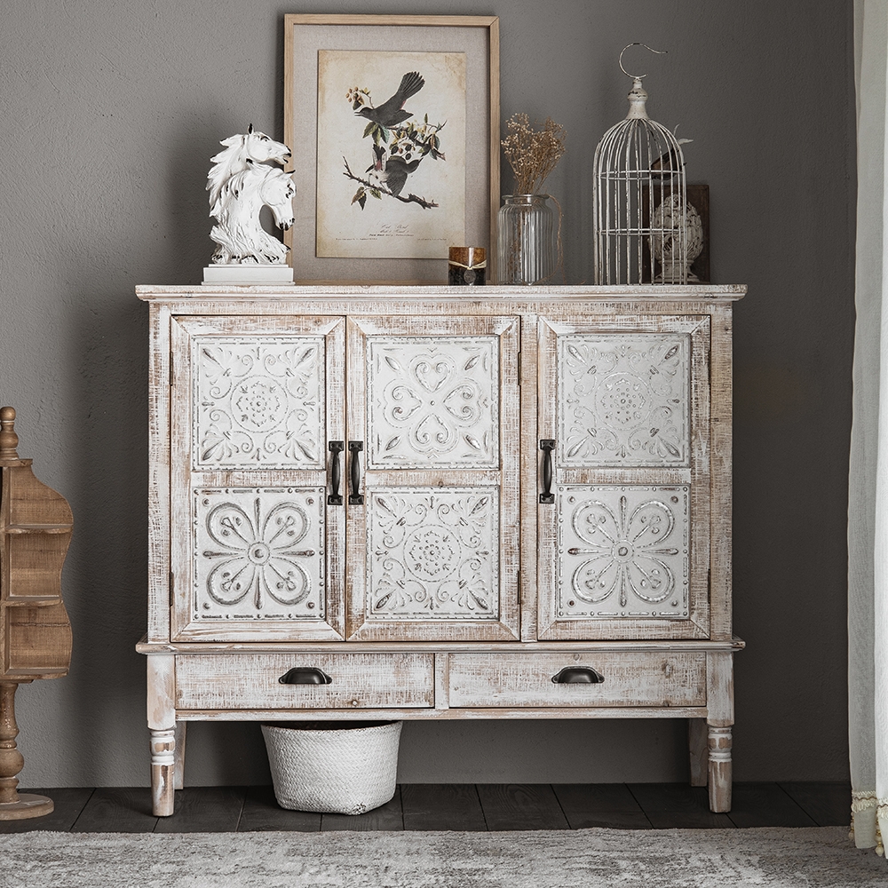 Distrate Farmhouse Distressed White Cabinet Artistic Surface with 2 Drawers 2 Shelves