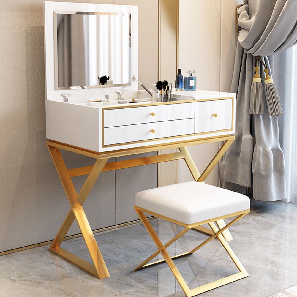 

White Makeup Vanity Set Glossy Dressing Table with 2 Drawers in Gold Stool Included