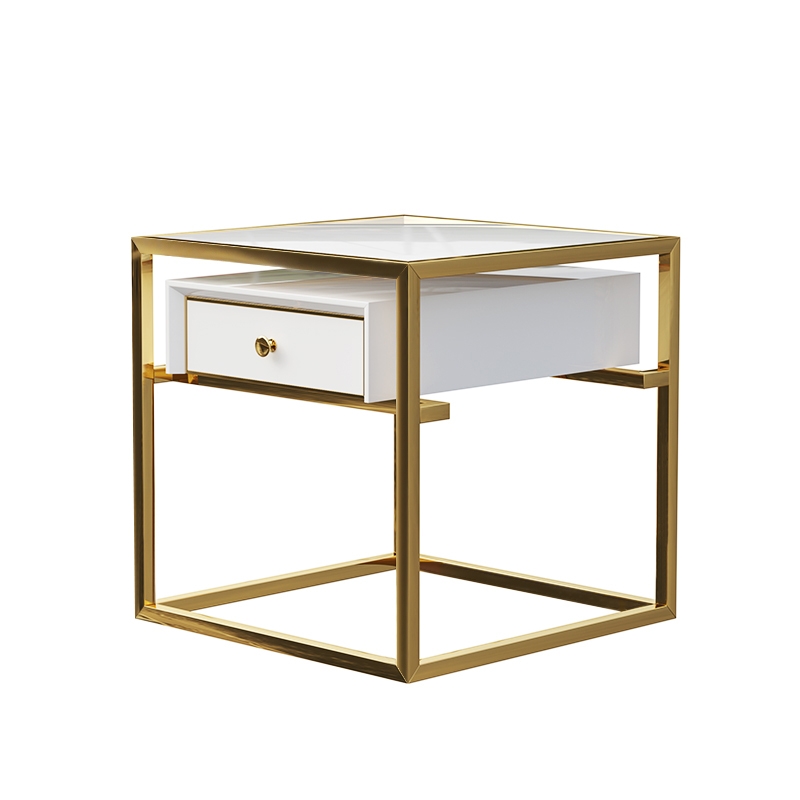 

Modern Luxurious White Square Side Table 1 Drawer End Table Stainless Steel in Gold