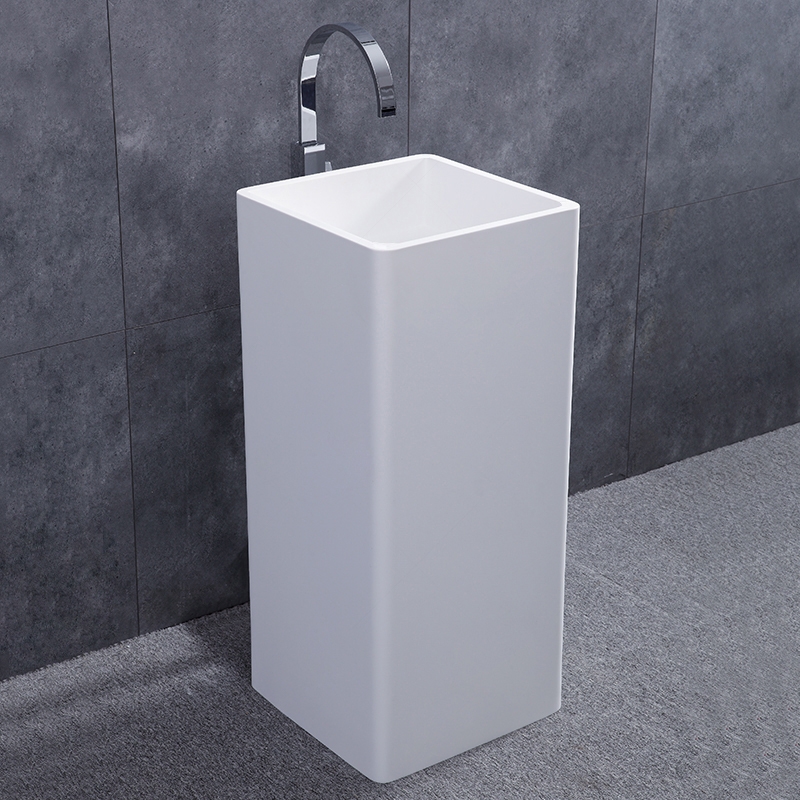 Contemporary Solid Surface Resin Stone Freestanding Square Pedestal Sink In Matte White For Bathroom