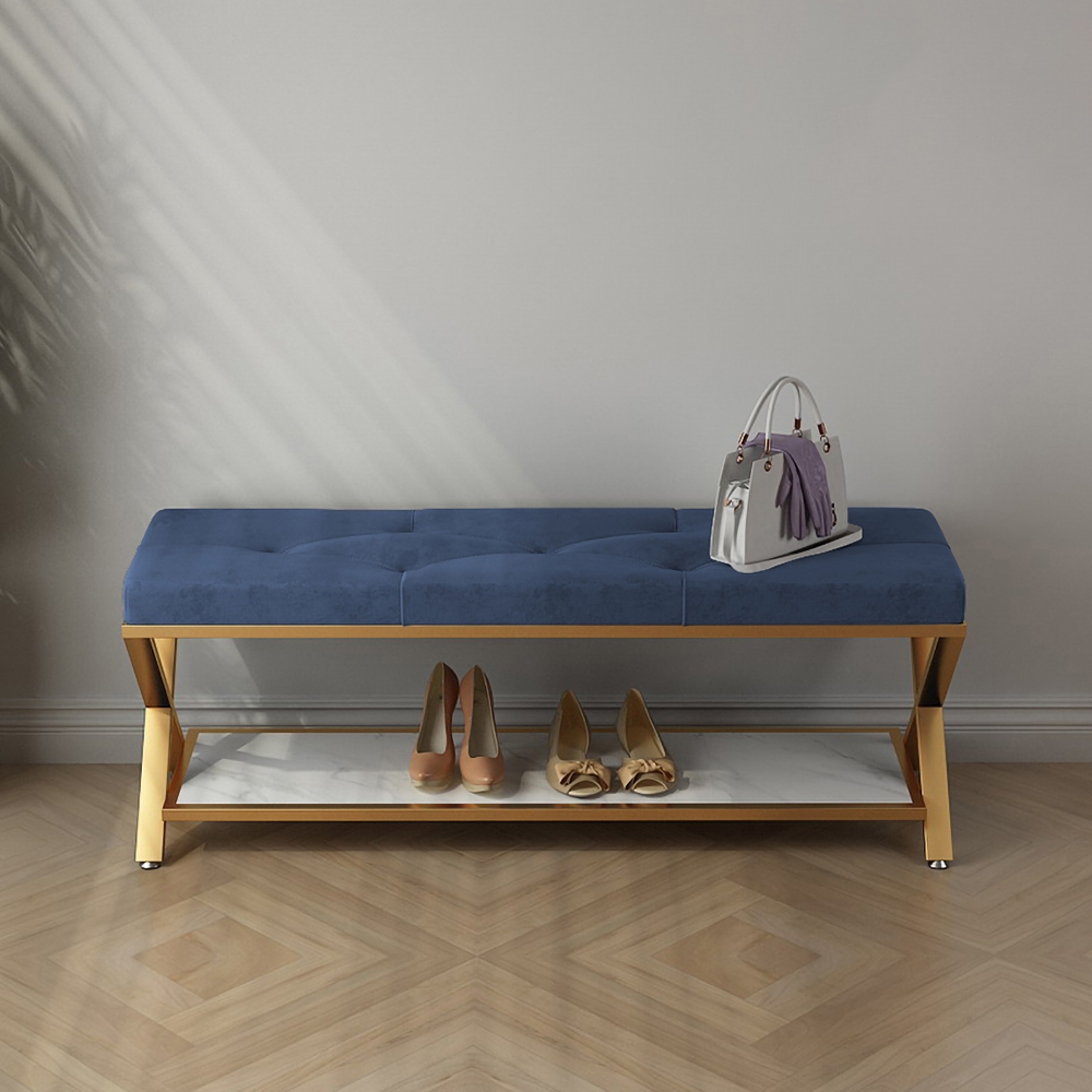 Blue Entryway Bench with Storage Bed Bench Velvet Upholstered with X-Shaped Base