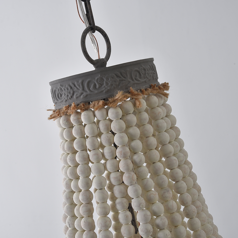 Farmhouse French Country 1-Light Distressed White Wood Beaded Metal Brown Ceiling Light