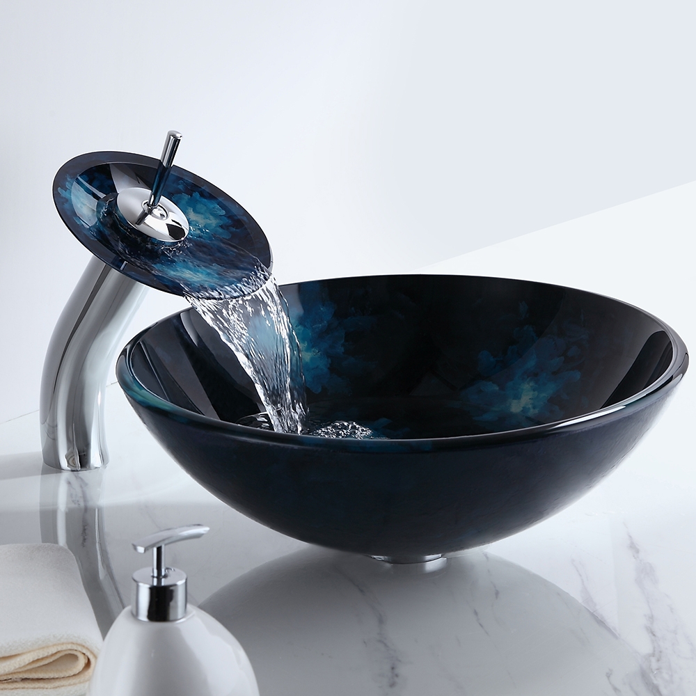 Image of Dark Blue Tempered Glass Circular Vessel Sink Waterfall Faucet Set Pop-Up Drain Included
