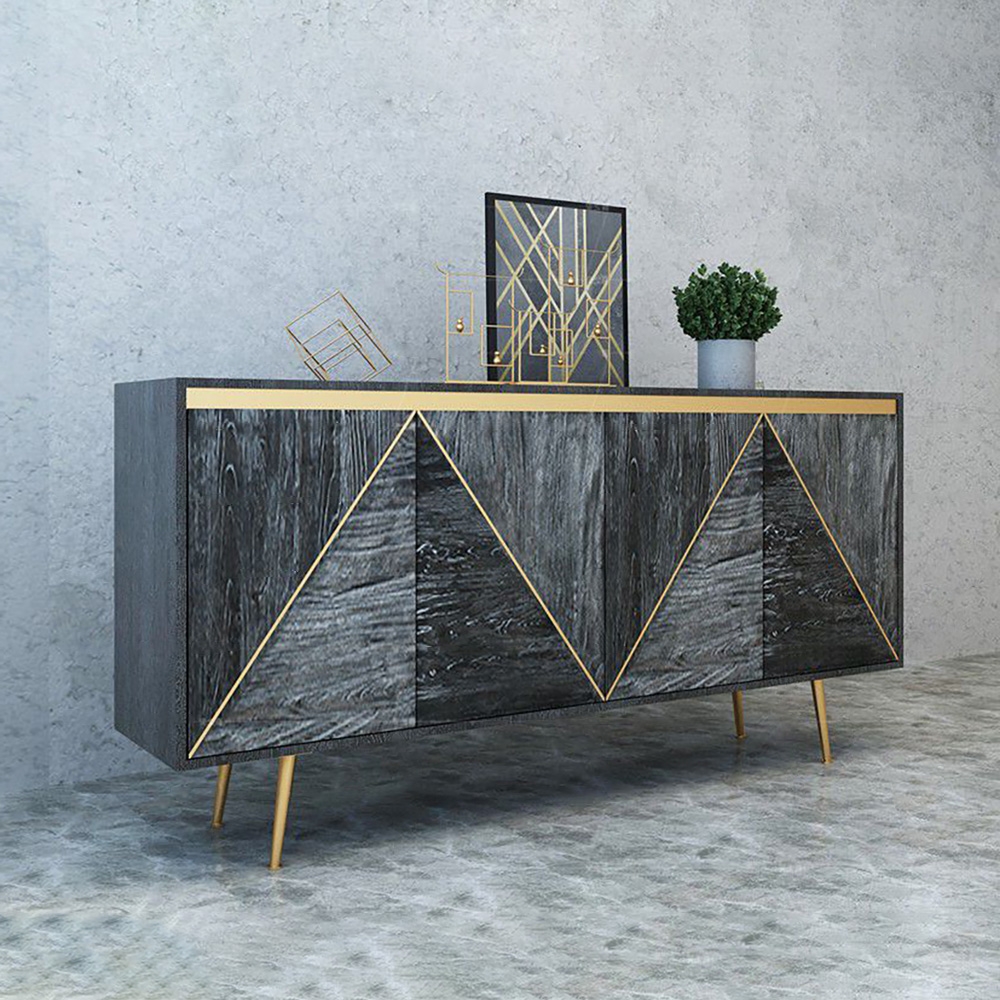 Grey and Gold Credenza 4 Doors Sideboard Cabinet with Storage Midcentury Modern