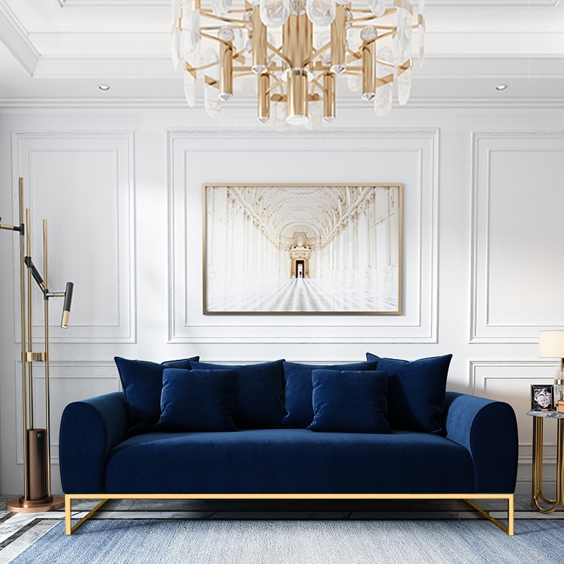 Mid-century Modern Upholstered Sofa 3 Seater Blue Velvet Sofa With Brass Leg Pillows Included