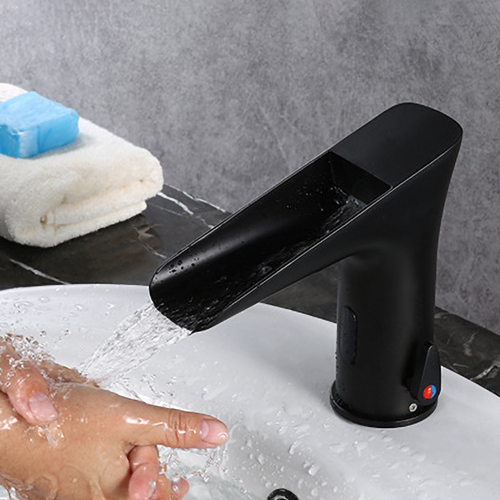 Single Hole Touchless Electronic Waterfall Bathroom Sink Faucet in Matte Black