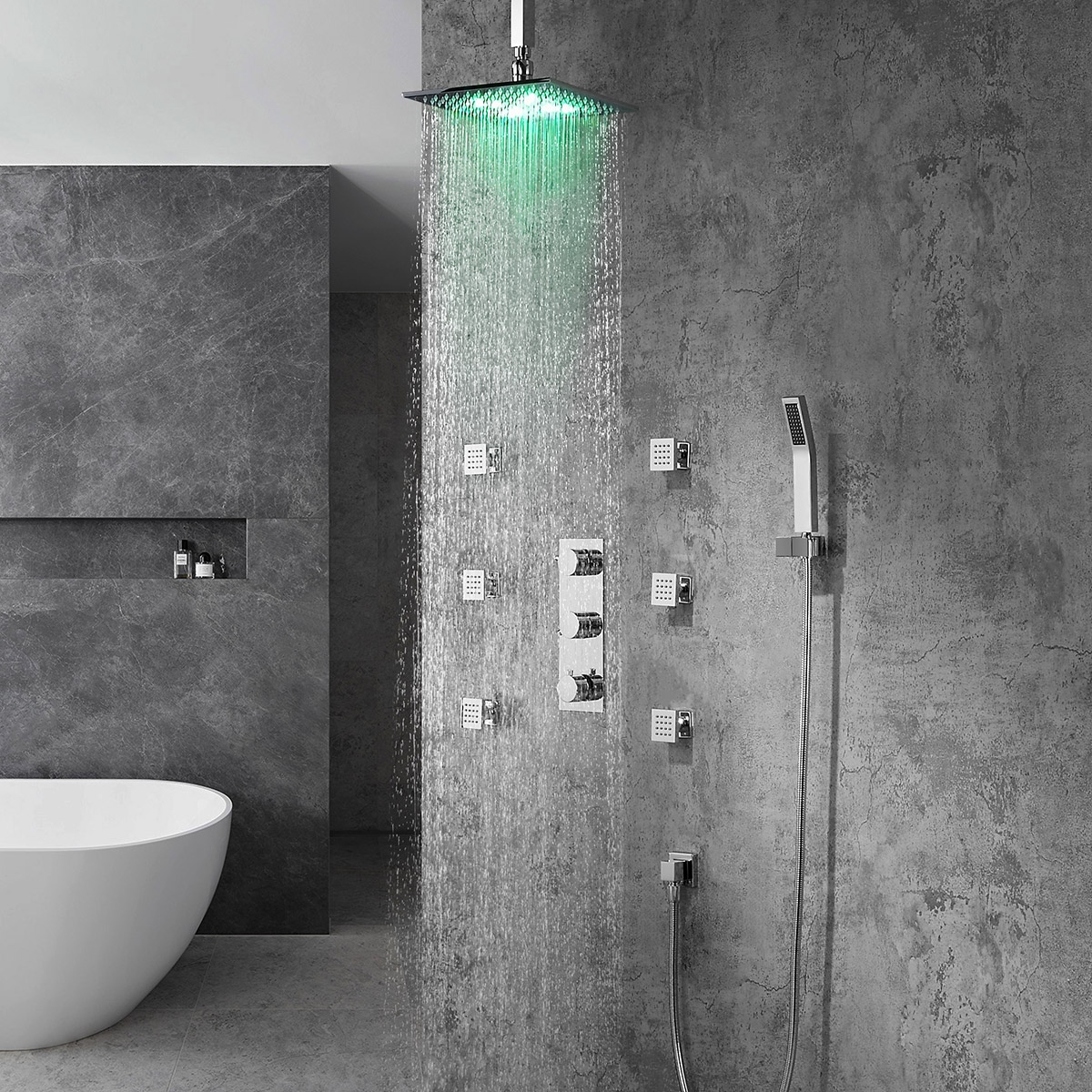 Modern Ceiling Mounted Thermostatic LED 16" Rain Shower System with Handheld Shower & 6 Body Sprays in Polished Chrome