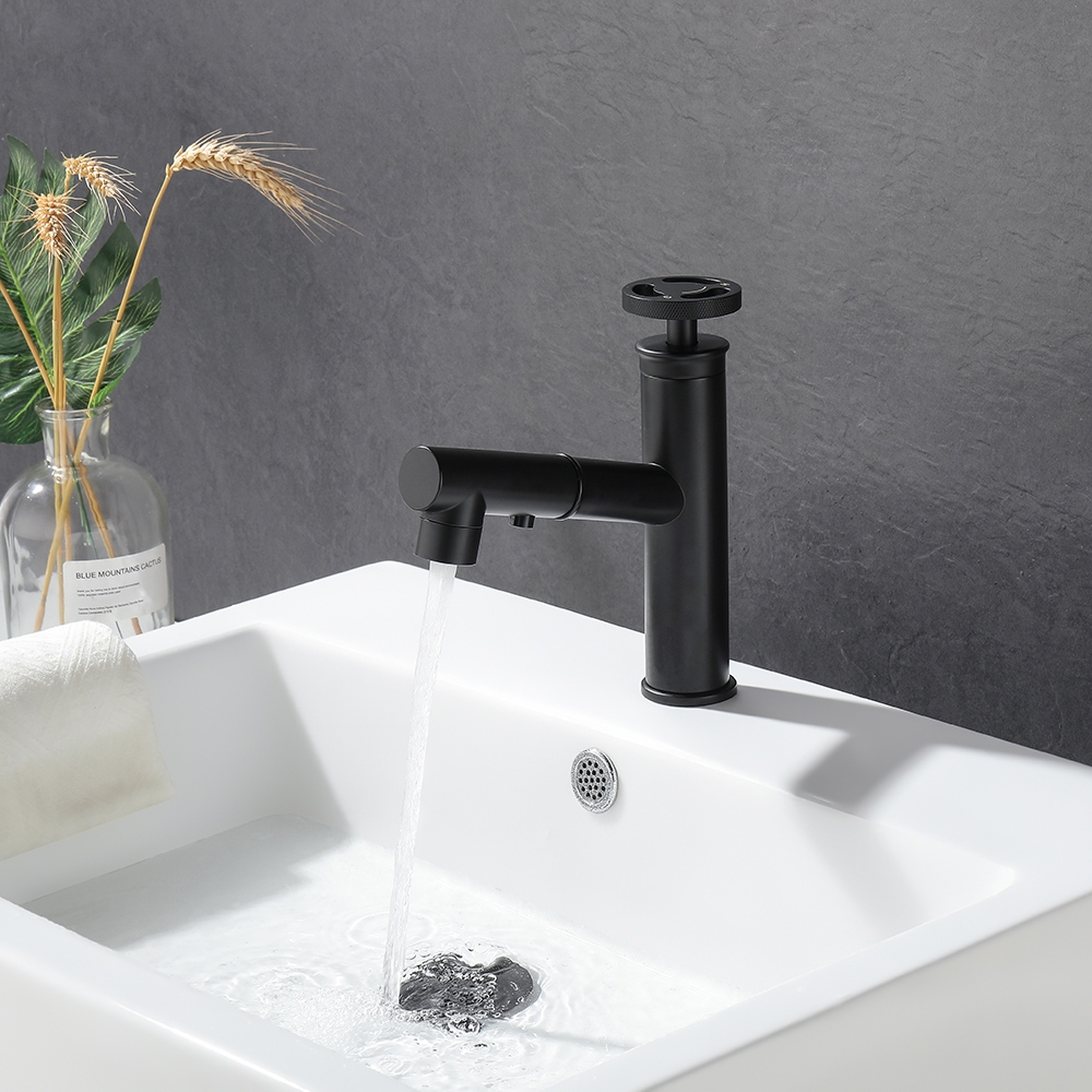 Ruth Industrial Pipe Monobloc Pull Out Bathroom Basin Tap Matte Black 1-Handles Solid Brass