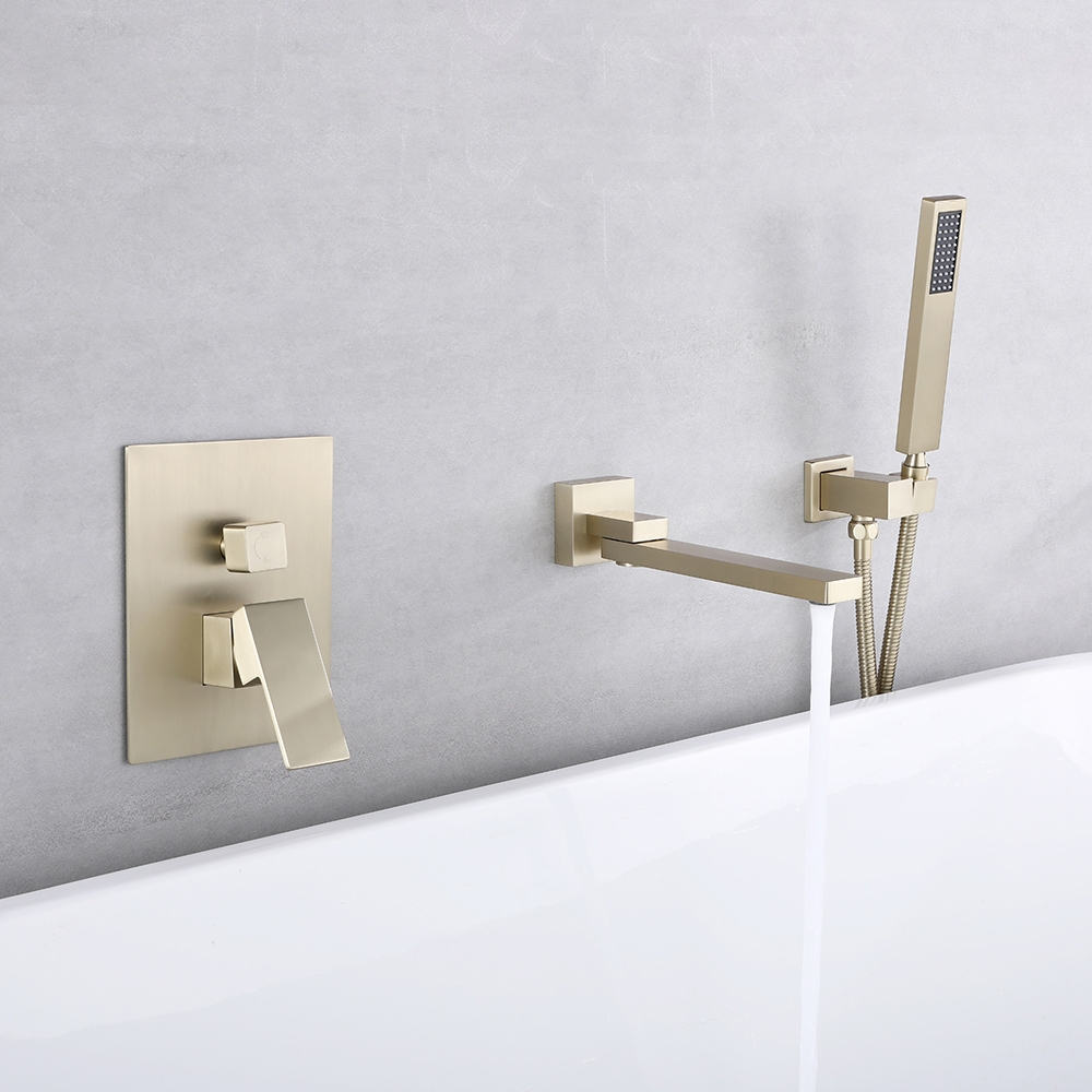 

Ultramodern Brushed Gold Wall Mounted Swirling Tub Filler Faucet with Hand Shower