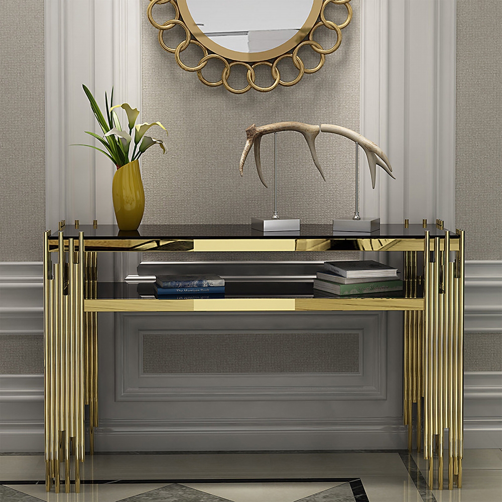 1200mm Modern Black Faux Marble Narrow Console Table with Storage Shelf and 4 Gold Legs