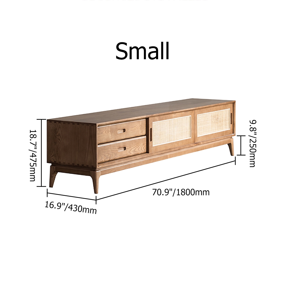 Cottage Walnut TV Stand for 80 inch TV with 2 Drawers & 2 Doors & Rattan