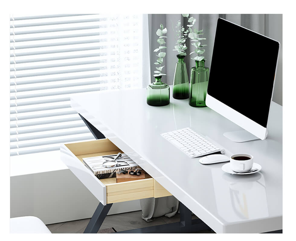 71" White Wooden Writing Desk Computer Desk with Shelf & Drawer Black Legs