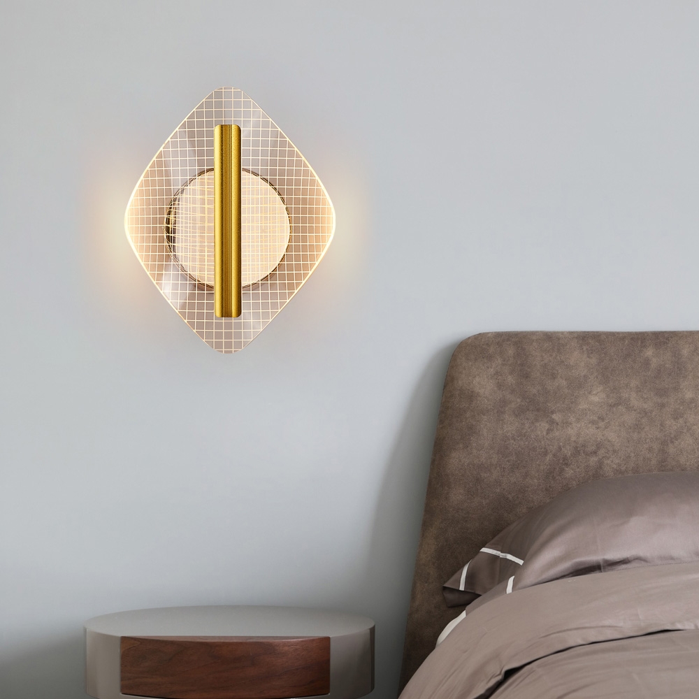 

Gold LED Acrylic Wall Sconce 2 Light Diamond Shape Indoor Wall Lamp Modern