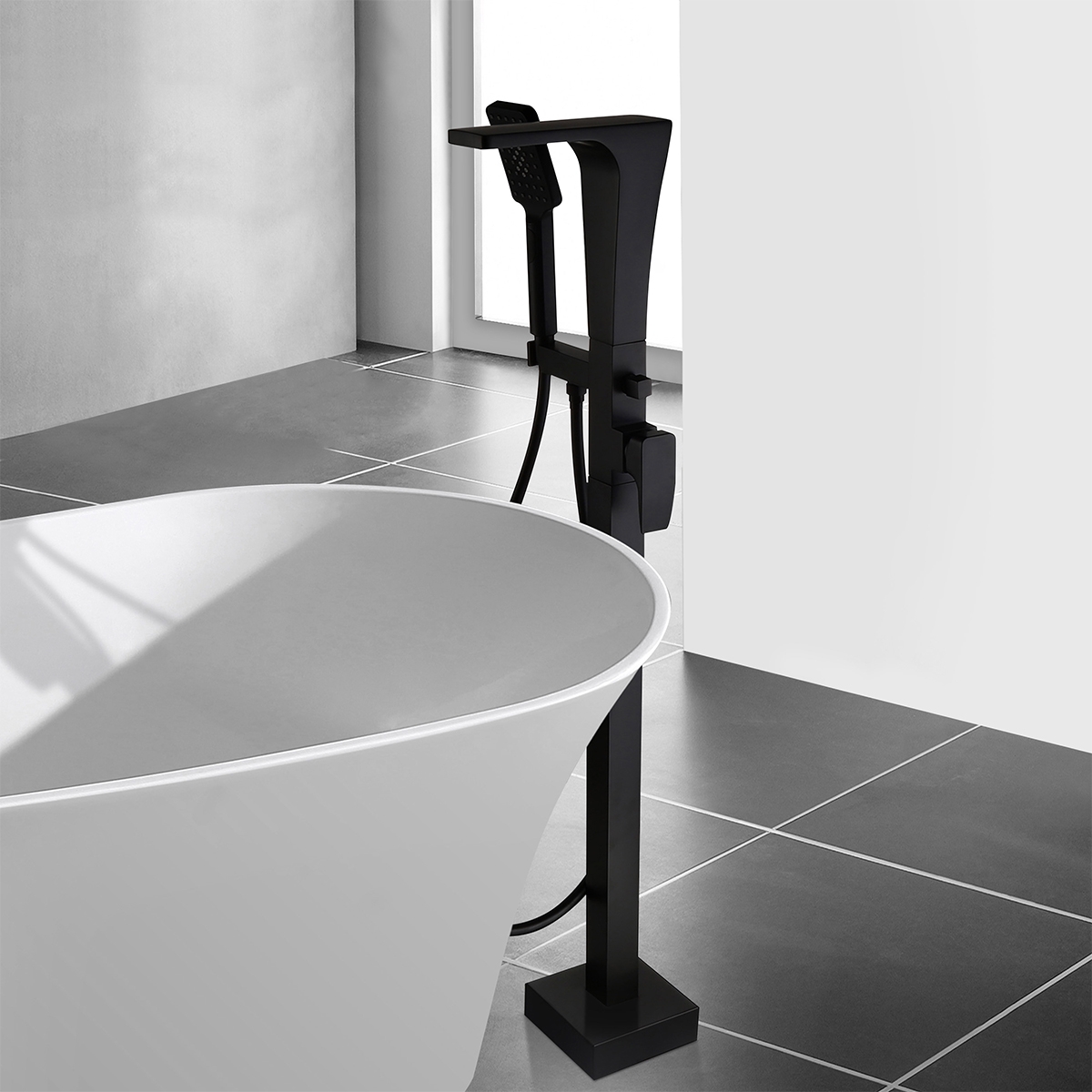 Waterfall Spout Matte Black Freestanding Bathtub Filler Faucet with