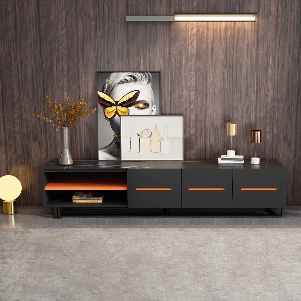 

Black&Orange Rectangle 84.8 Inch TV Stand Stone Media Stand TV Console with Storage