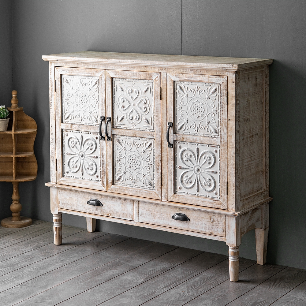 Distrate Farmhouse Distressed White Cabinet Artistic Surface with 2 Drawers 2 Shelves