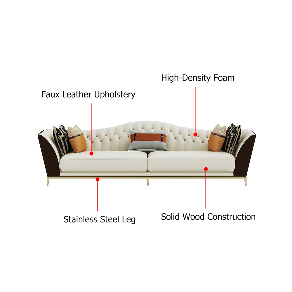 72.8" Faux Leather Upholstered Sofa White and Gray Mid-Century Couch Curved Tufted Back