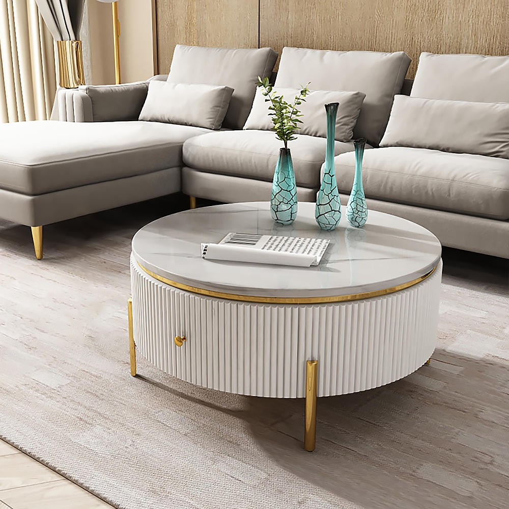 Yelly Modern Round Coffee Table with Storage Marble Accent Table Stainless Steel Gold