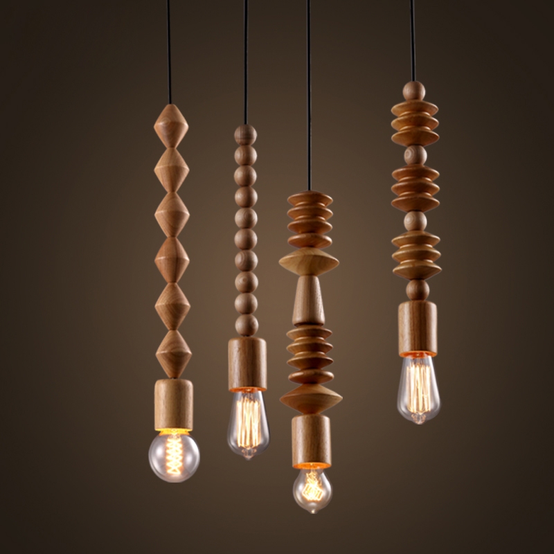 Rustic Wood Bead Mini Single-Light Exposed Edison Bulb Pendant Light Style A