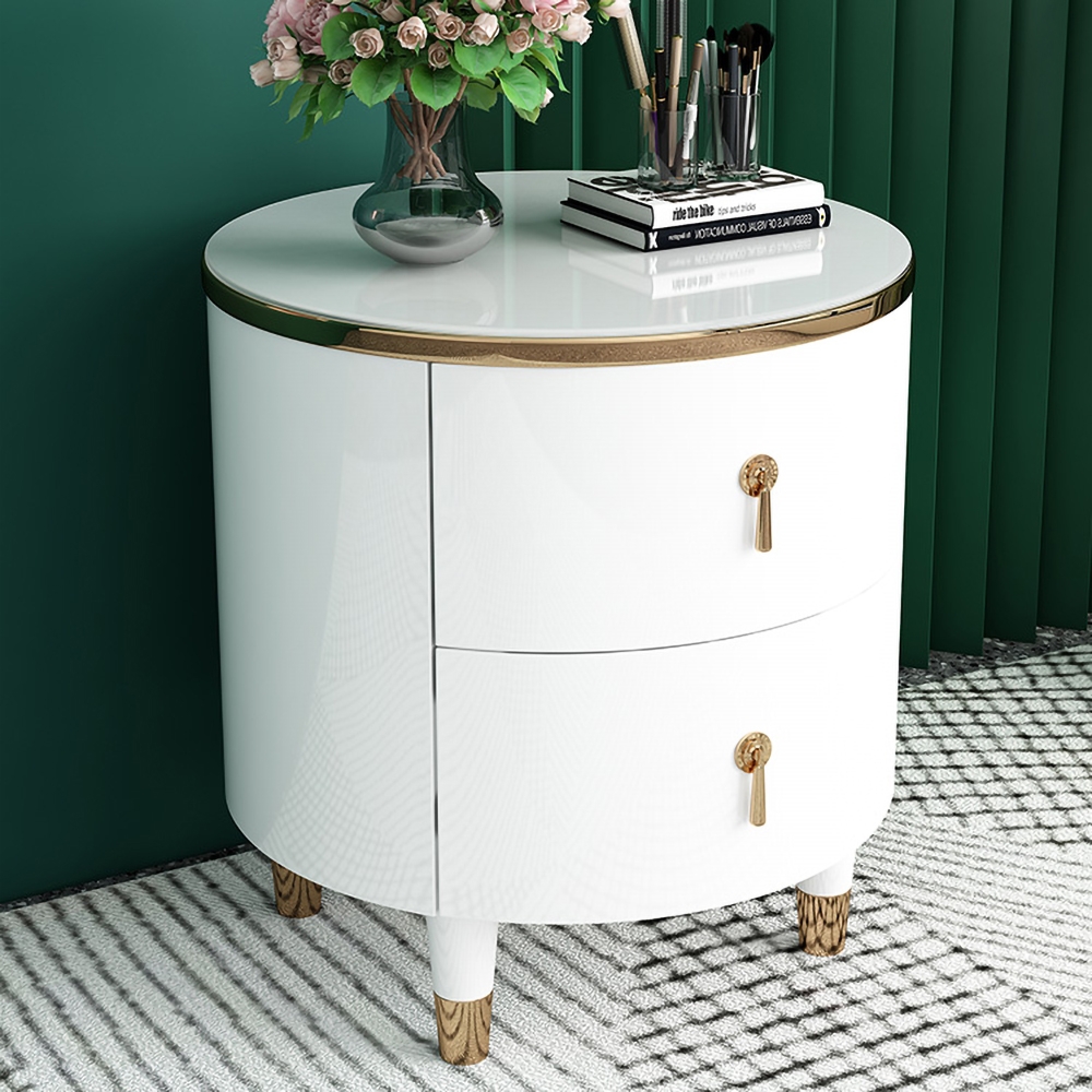2-Drawer Round Bedside Table Modern White Bedside Table in Gold Finish