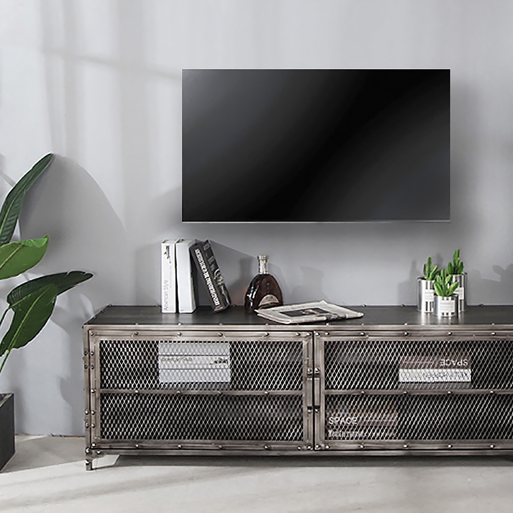 Wire Mesh TV Stand Industrial TV Console with Doors & Shelves Cable