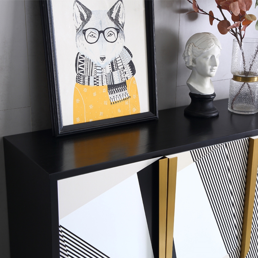 Black Kitchen Cabinet Buffet Table with Doors Geometric Patterns Stainless Steel in Gold