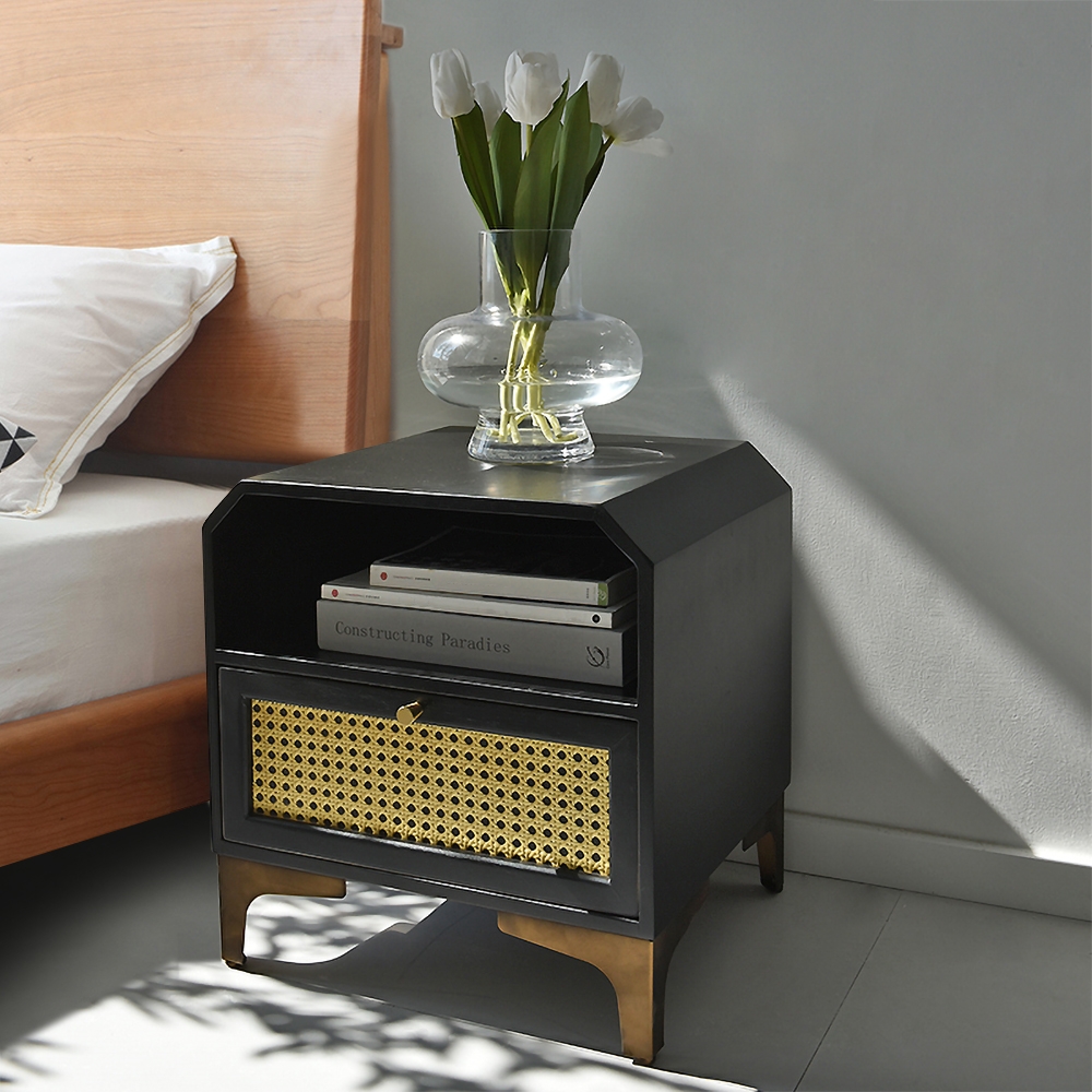 

American Style Black Nightstand Rattan Surface Trapezoid Top with 1 Drawer in Gold