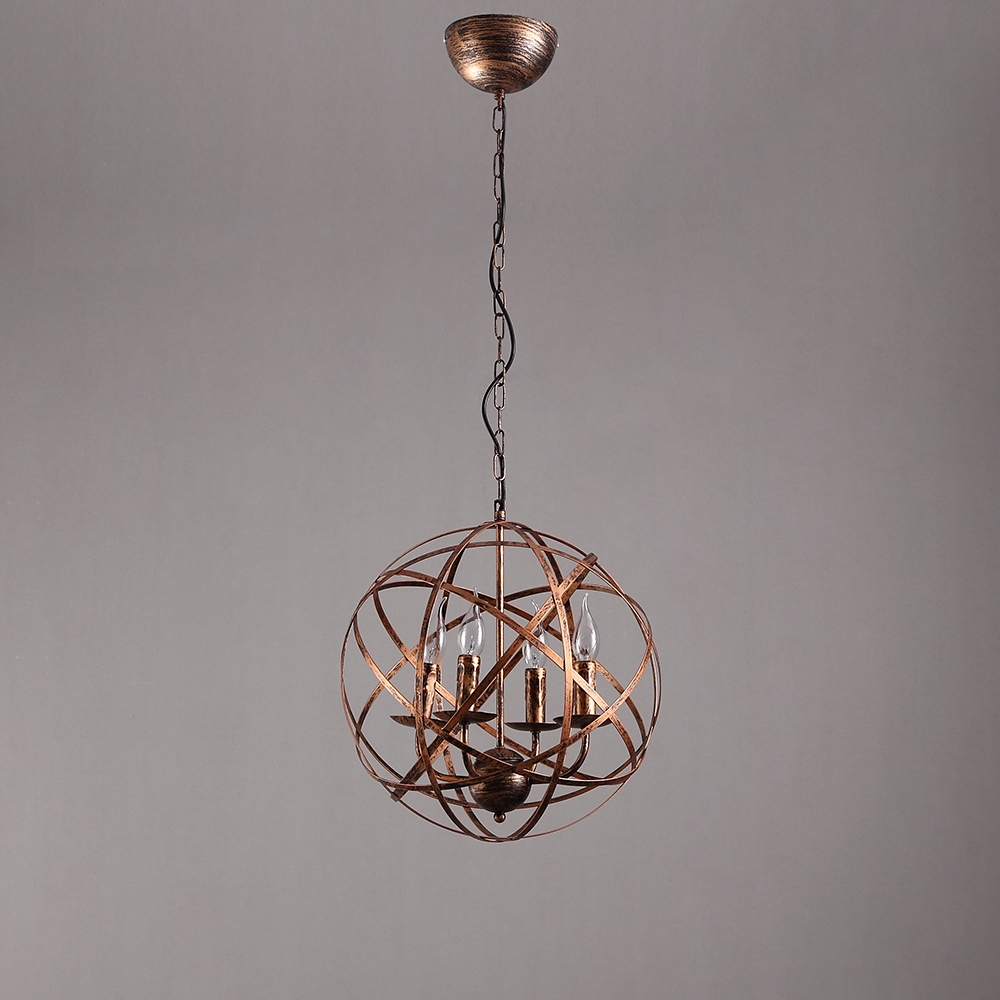 Antique Brass Warehouse Orb Cage 4-Light Suspended Metal Globe Candle Style Chandelier