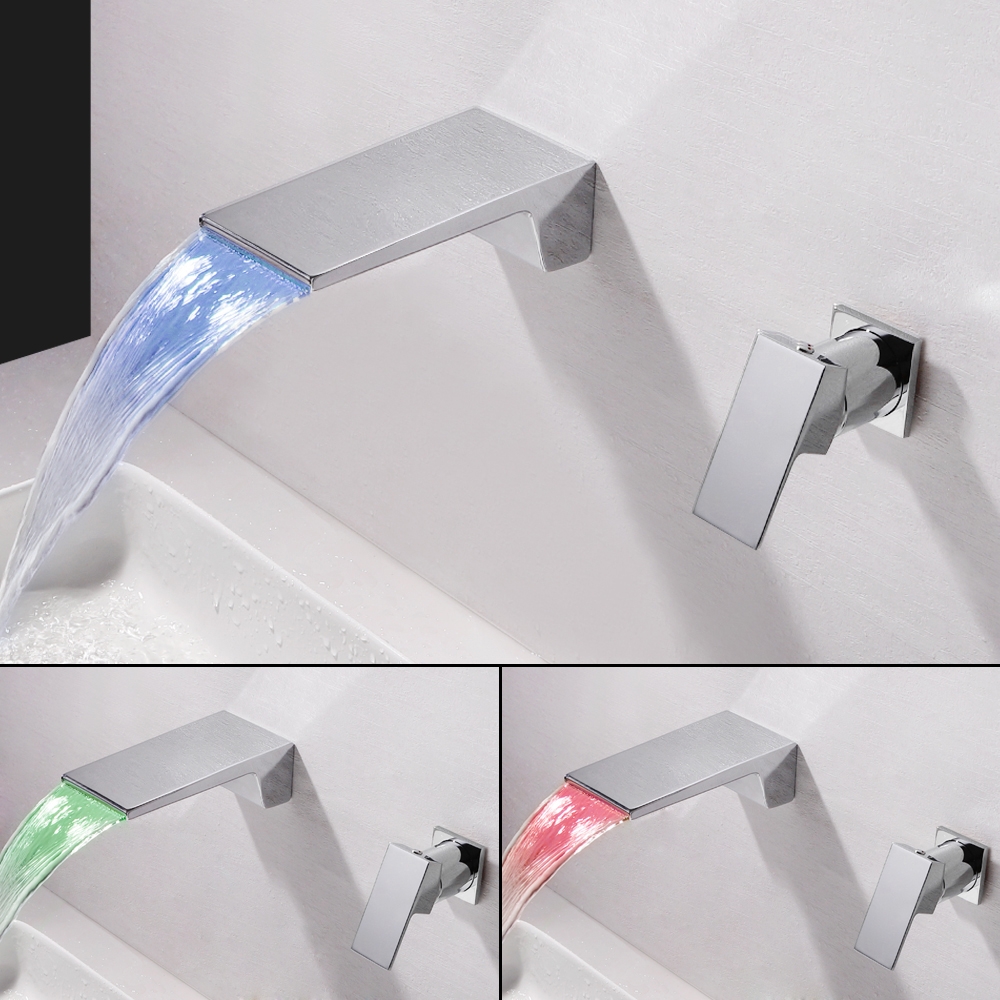 

Novel LED Waterfall Single Handle Wall-Mounted Widespread Bathroom Sink Faucet in Polished Chrome