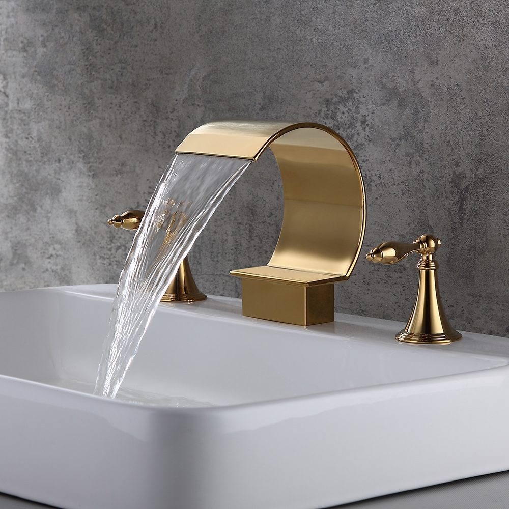 Mooni Waterfall Widespread Lever Handle Bathroom Sink Faucet in Glistening Gold