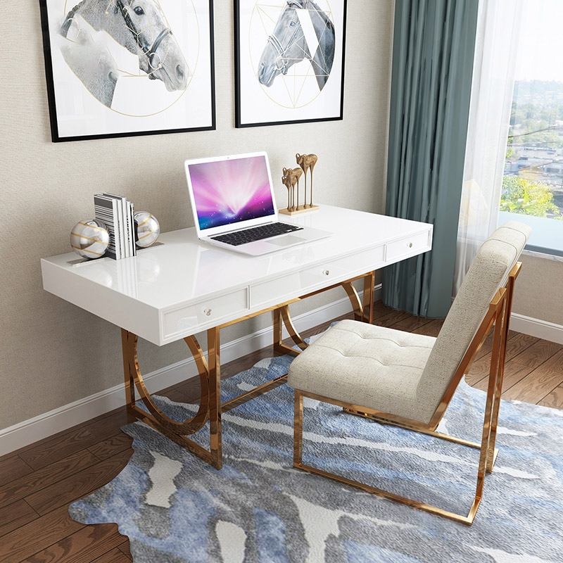 Image of 3 Drawer White Desk for Home Office 47" Writting Desk Gold Base Stainless Steel