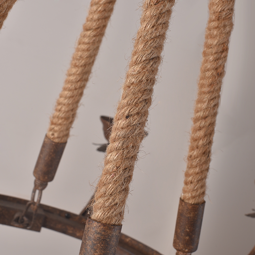 Bever Rustic Iron Flaxen Hemp Rope & Metal 8-Light Round Candelabra Chandelier in Rust