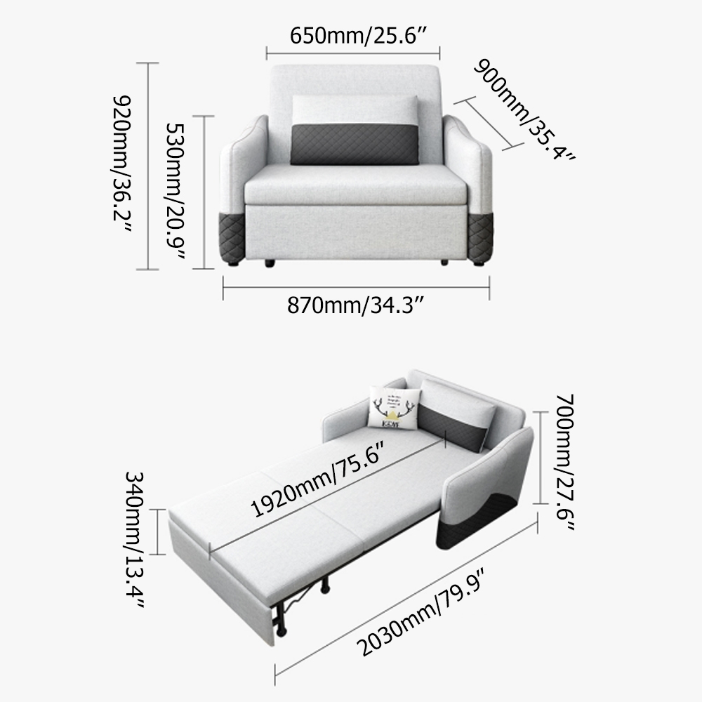 Silla cama de 870 mm con brazos Silla convertible con tapicería de lino y base de metal