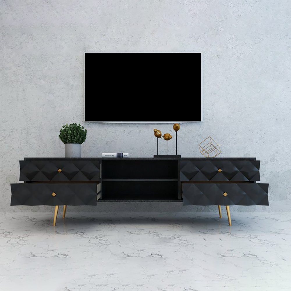 

79" Black and Gold Mid-Century Wood TV Stand with Storage 4 Drawers & Shelves